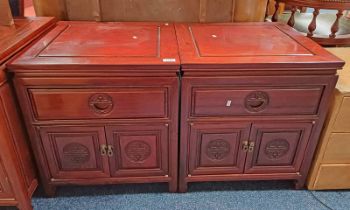 PAIR OF CHINESE HARDWOOD BEDSIDE CABINETS WITH SINGLE DRAWER OVER 2 PANEL DOORS - 55 CM TALL X 51