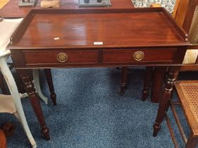 LATE 19TH CENTURY MAHOGANY WASHSTAND WITH 3/4 GALLERY TOP & 2 DRAWERS ON TURNED SUPPORTS,