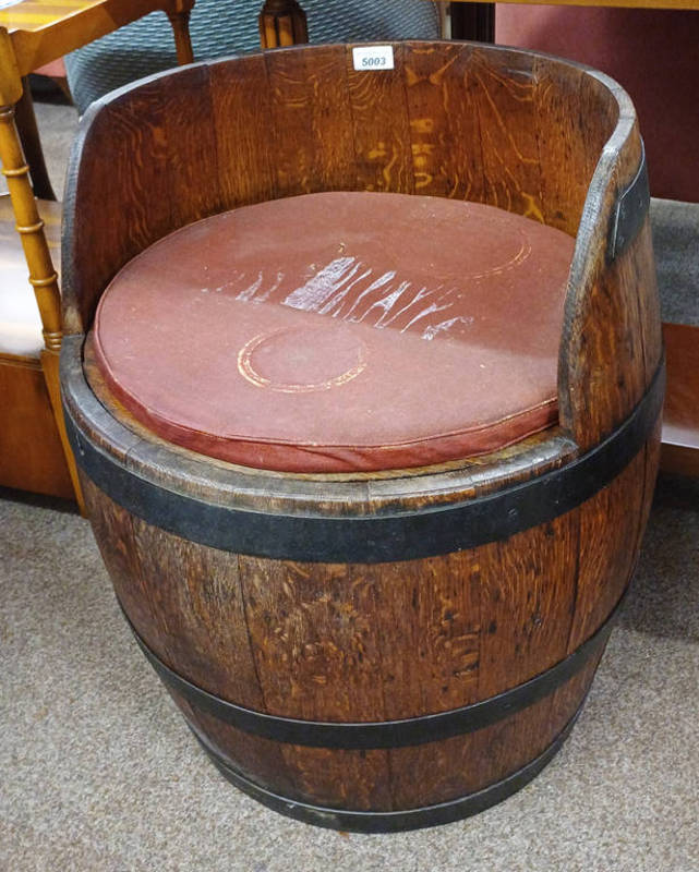 OAK WHISKEY BARREL CHAIR WITH IRON BANDING,