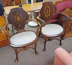 2 20TH CENTURY MAHOGANY OPEN ARMCHAIRS WITH OVAL SEATS,
