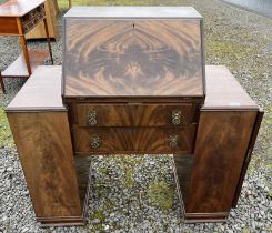 MAHOGANY BUREAU WITH CENTRALLY SET FALL FRONT OVER 2 DRAWERS FLANKED ON EACH SIDE BY TWINED