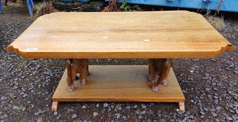 EASTERN HARDWOOD COFFEE TABLE ON TWIN CARVED ELEPHANT SUPPORTS ON RECTANGULAR BASE .