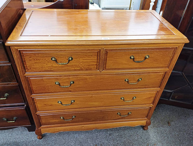 HARDWOOD CHEST OF 2 SHORT OVER 3 LONG DRAWERS ON SHAPED SUPPORTS,