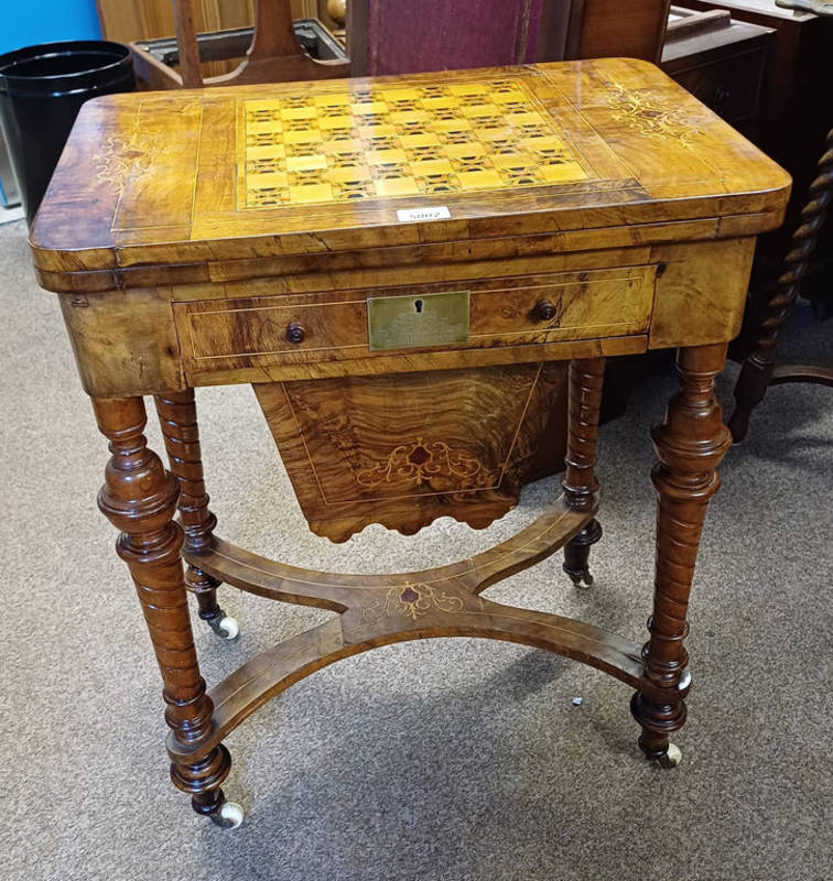 19TH CENTURY INLAID WALNUT SEWING TABLE WITH FLIP TOP OVER BASE WITH 1 SHALLOW OVER 1 DEEP DRAWER