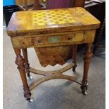 19TH CENTURY INLAID WALNUT SEWING TABLE WITH FLIP TOP OVER BASE WITH 1 SHALLOW OVER 1 DEEP DRAWER