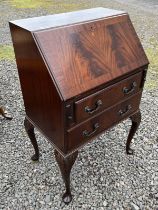 MAHOGANY BUREAU WITH FALL FRONT OVER 2 DRAWERS ON QUEEN ANNE SUPPORTS,