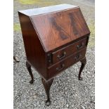 MAHOGANY BUREAU WITH FALL FRONT OVER 2 DRAWERS ON QUEEN ANNE SUPPORTS,