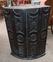 LATE 19TH CENTURY EBONISED CORNER CABINET WITH 2 PANEL DOORS WITH CARVED DECORATION OPENING TO
