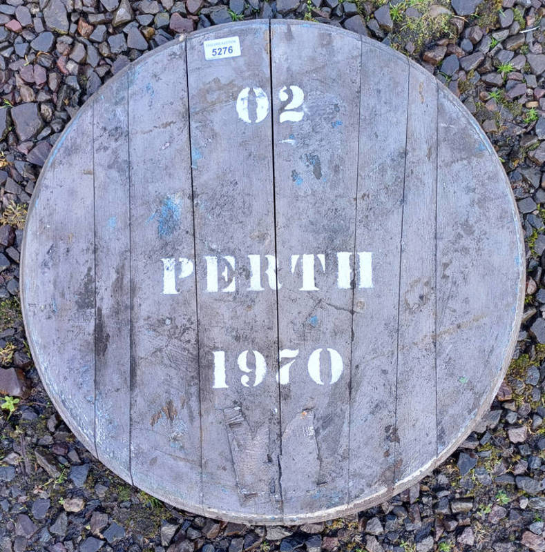 OAK WHISKY BARREL LID MARKED, PERTH 1970,