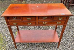 INLAID MAHOGANY SIDE TABLE WITH 4 SHORT DRAWERS OVER 2 LONG DRAWERS WITH UNDERSHELF ON SQUARE