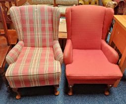 2 OVERSTUFFED WINGBACK ARMCHAIRS ON SHORT QUEEN ANNE SUPPORTS