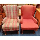 2 OVERSTUFFED WINGBACK ARMCHAIRS ON SHORT QUEEN ANNE SUPPORTS