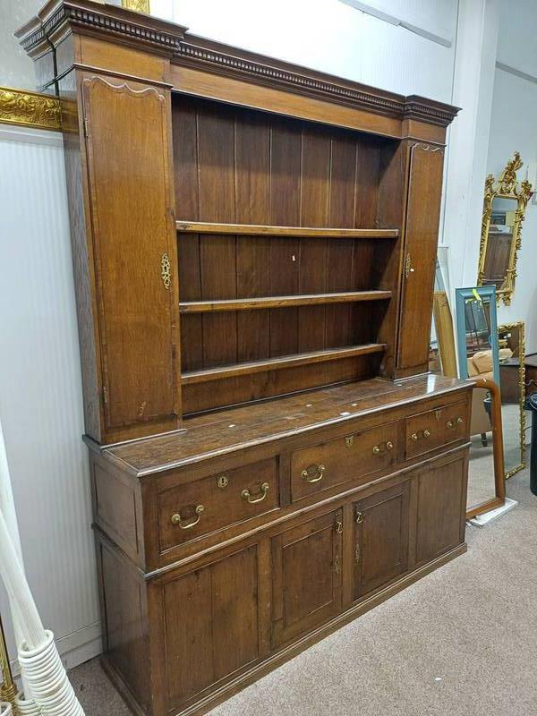 19TH CENTURY OAK DRESSER WITH SHELF BACK WITH 2 PANEL DOORS OVER BASE WITH 1 SHORT & 1 LONG DRAWER