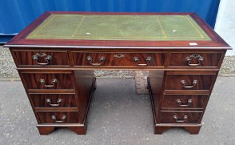 20TH CENTURY MAHOGANY TWIN PEDESTAL DESK WITH LEATHER INSET TOP & 3 FRIEZE DRAWERS OVER 2 STACKS OF