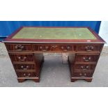 20TH CENTURY MAHOGANY TWIN PEDESTAL DESK WITH LEATHER INSET TOP & 3 FRIEZE DRAWERS OVER 2 STACKS OF