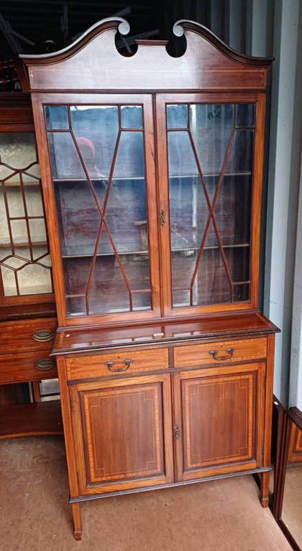 LATE 19TH CENTURY INLAID MAHOGANY BOOKCASE WITH 2 ASTRAGAL GLASS PANEL DOORS OVER BASE WITH 2