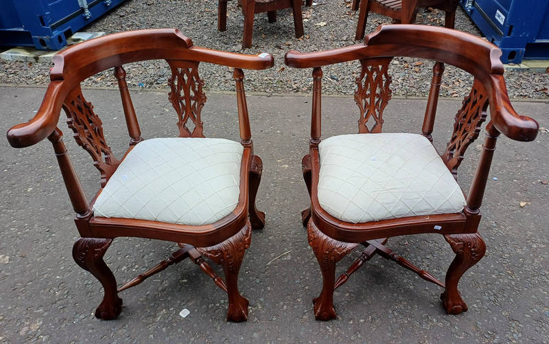 PAIR OF 19TH CENTURY STYLE MAHOGANY CORNER CHAIRS ON BALL & CLAW SUPPORTS