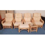 4 BAMBOO ARMCHAIRS WITH CUSHIONS & MATCHING STOOL & COFFEE TABLE