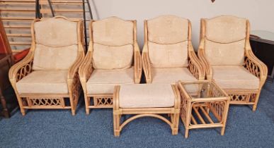 4 BAMBOO ARMCHAIRS WITH CUSHIONS & MATCHING STOOL & COFFEE TABLE