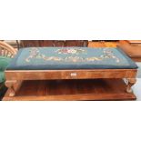 WALNUT RECTANGULAR FOOTSTOOL WITH FLORAL TAPESTRY TOP ON SHORT QUEEN ANNE SUPPORTS