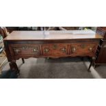 19TH CENTURY OAK SIDE TABLE WITH 3 DRAWERS WITH DECORATIVE BOXWOOD INLAY ON QUEEN ANNE SUPPORTS,