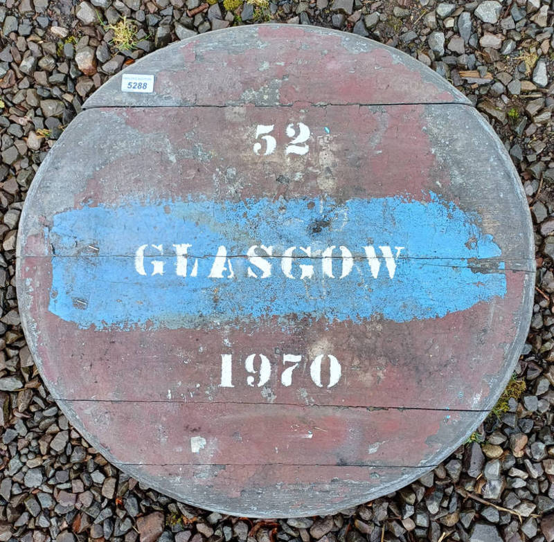 OAK WHISKY BARREL LID MARKED, GLASGOW 1970 DIAMETER,