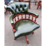 20TH CENTURY MAHOGANY FRAMED BUTTONED GREEN LEATHER SWIVEL OFFICE CHAIR Condition Report: