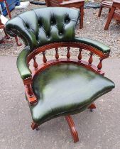 20TH CENTURY MAHOGANY FRAMED BUTTONED GREEN LEATHER SWIVEL OFFICE CHAIR Condition Report: