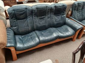 ERKONES STRESSLESS TEAK & BLUE LEATHER RECLINING 3 SEATER SETTEE