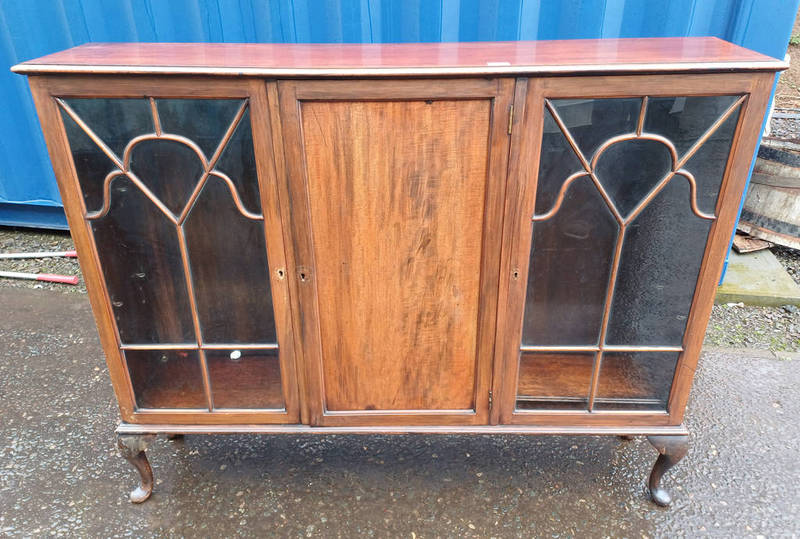 20TH CENTURY MAHOGANY BOOKCASE WITH CENTRALLY SET PANEL DOOR FLANKED BY 2 ASTRAGAL GLASS PANEL