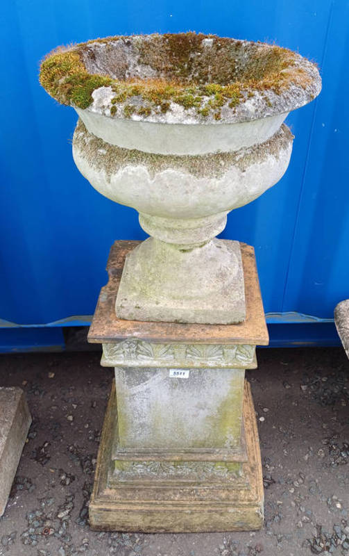 RECONSTITUTED STONE GARDEN URN ON TALL SQUARE PLINTH - 101 CM TALL