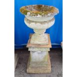 RECONSTITUTED STONE GARDEN URN ON TALL SQUARE PLINTH - 101 CM TALL