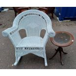 PAINTED WICKER ROCKING CHAIR & MAHOGANY OVAL FLIP TOP PEDESTAL TABLE WITH LEATHER INSET TOP.