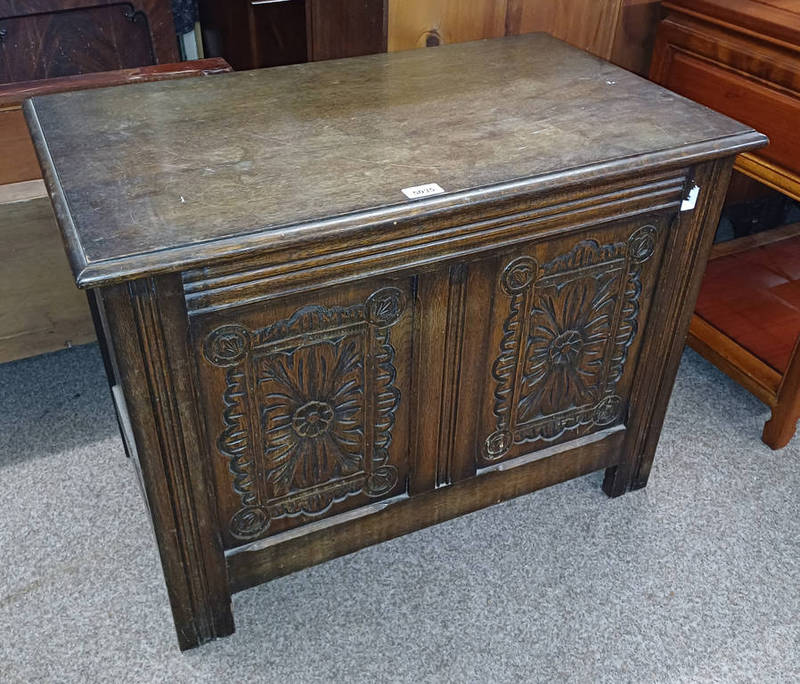 OAK COFFER WITH LIFT-UP LID & DECORATIVE CARVED PANEL FRONT,