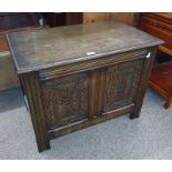 OAK COFFER WITH LIFT-UP LID & DECORATIVE CARVED PANEL FRONT,