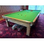 20TH CENTURY OAK FRAMED 5 SLATE BED SNOOKER TABLE ON SQUARE SUPPORTS,