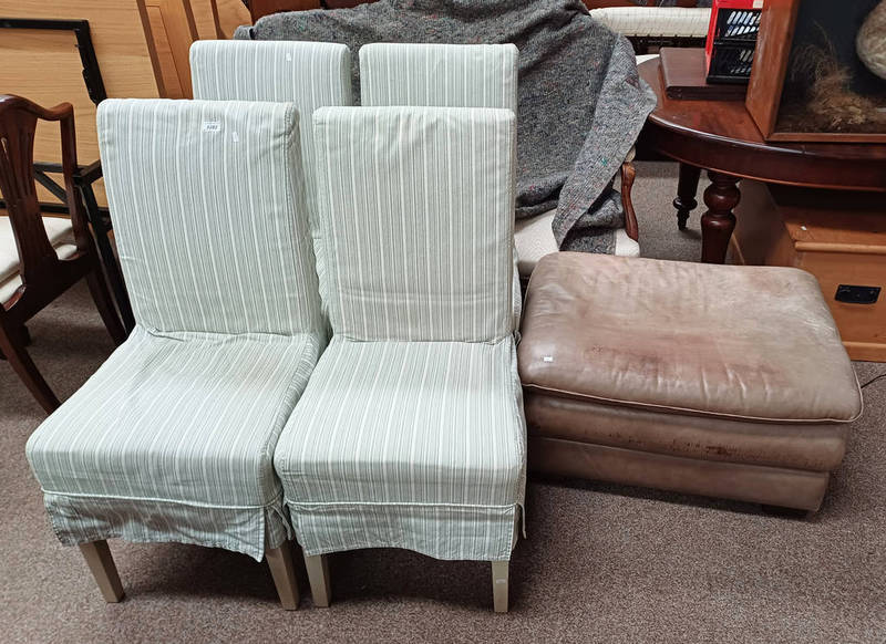 BROWN LEATHER CENTRE STOOL & SET OF 4 OVERSTUFFED TALL BACK DINING CHAIRS