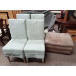 BROWN LEATHER CENTRE STOOL & SET OF 4 OVERSTUFFED TALL BACK DINING CHAIRS