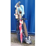 GOLF BAG WITH CADDY & CONTENTS OF VARIOUS GOLF CLUBS AND WALKING STICK WITH BOTTLE 'SCHARLACHBERG