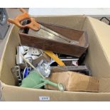 SELECTION OF TOOLS ETC IN A BOX TO INCLUDE SAWS, SCREW DRIVERS, PLASTIC TOOL BOX ETC.