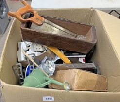 SELECTION OF TOOLS ETC IN A BOX TO INCLUDE SAWS, SCREW DRIVERS, PLASTIC TOOL BOX ETC.