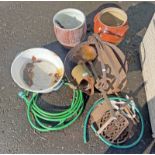 FLOWER POTS, ENAMELLED TIN BASIN, METAL WATERING CAN ETC.