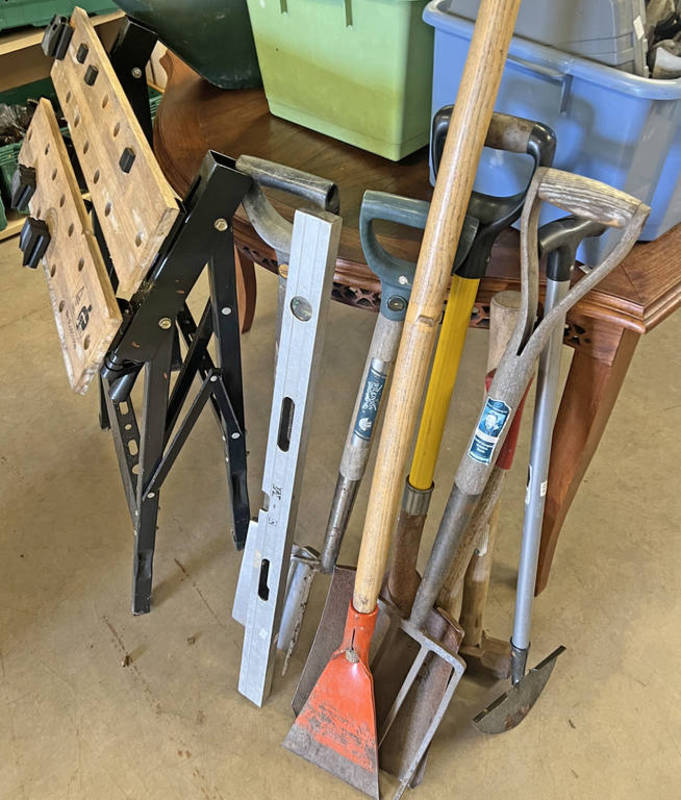 GARDEN TOOLS TO INCLUDE, SPADES, AXE, FORK,