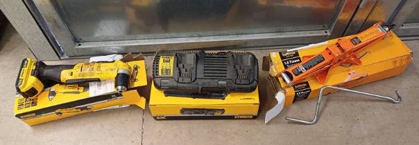 DEWALT 18V DRILL, DEWALT DCB 132 DUAL PORT CHARGER AND A HALFORDS 1.