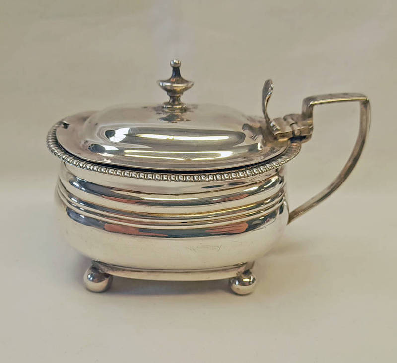 GEORGE III SILVER POT BELLIED MUSTARD POT ON 4 BALL FEET BY CHARLES FOX, LONDON,