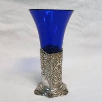 VICTORIAN SILVER & BLUE GLASS TAPERING VASE DECORATED WITH CHERUBS & MUSICAL INSTRUMENTS WITH