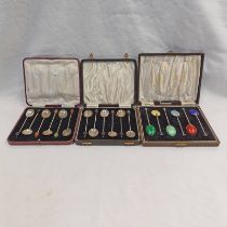 CASED SET 6 SILVER & ENAMEL SEAL END TEASPOONS & 2 CASED SETS OF 6 COFFEE BEAN SPOONS