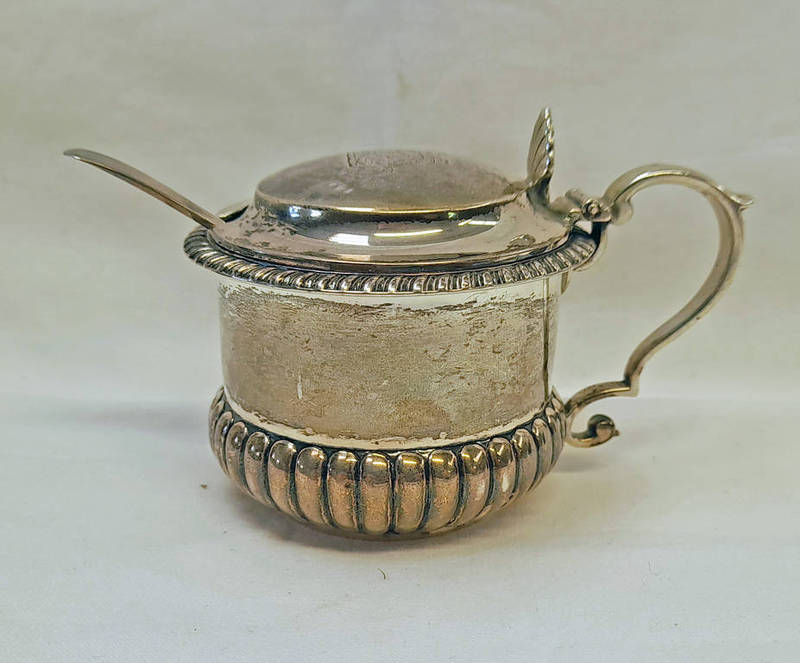 SILVER POT BELLIED MUSTARD POT WITH LATER SPOON,