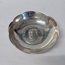 SILVER CIRCULAR DISH WITH WINSTON CHURCHILL COIN INSERT, BY A E JONES,