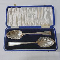 CASED PAIR VICTORIAN SILVER TABLE SPOONS WITH SHELL BOWLS,
